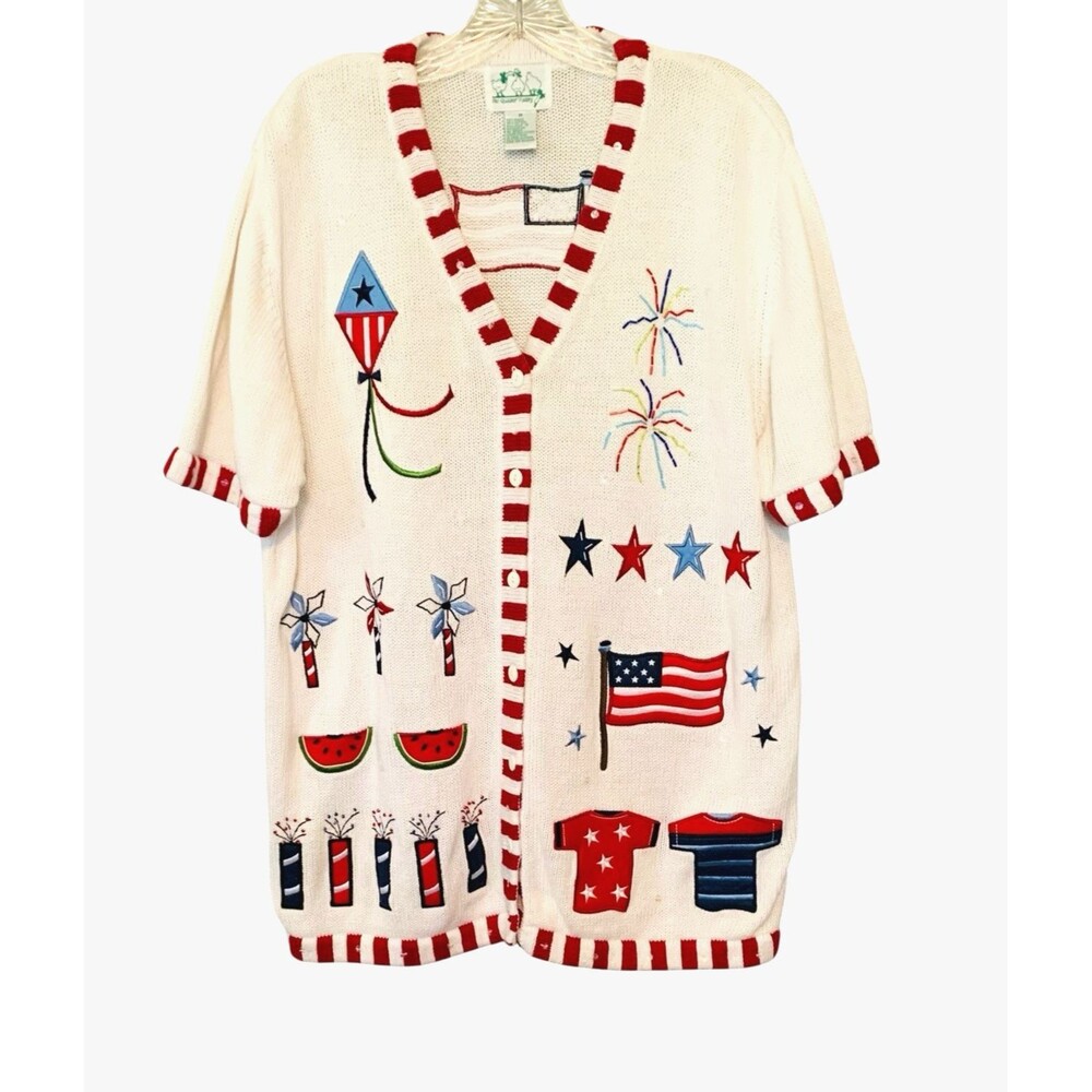 The Quacker Factory Womens Embellished Patriotic USA Cardigan Short Sleeve -Sz M
